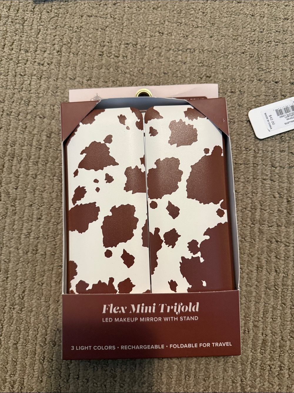 Mini Trifold LED Makeup Mirror - Brown Cowhide Pattern